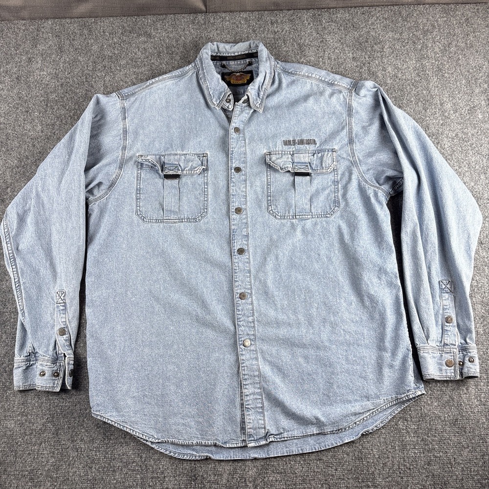 Vintage 2002 Harley-Davidson Big Logo Embroidered Back Denim Shirt Men's Large
